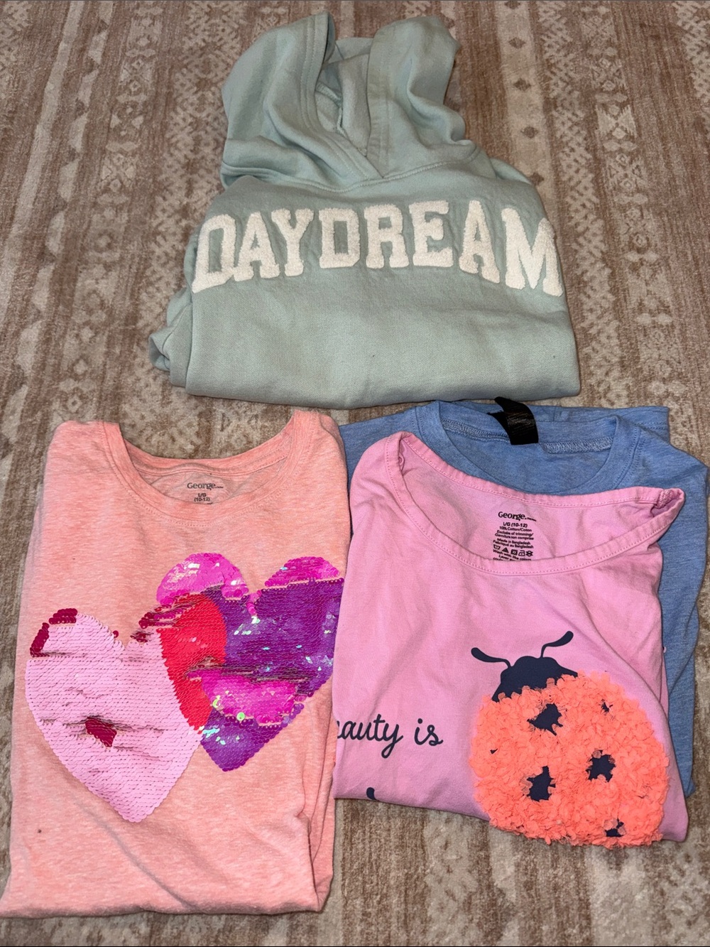 George Mint Hoodie and Pink Sequin Heart + Ladybug Graphic Tee Set